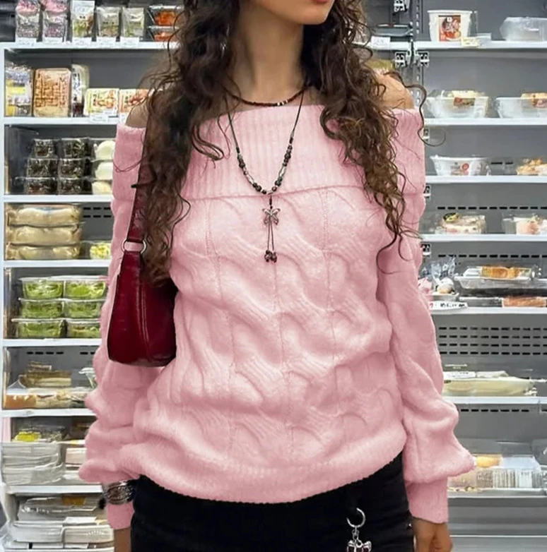 

Fashionable Off-shoulder Long-sleeved Sweater Solid Color Long-sleeved Pullover Casual Elegant Top