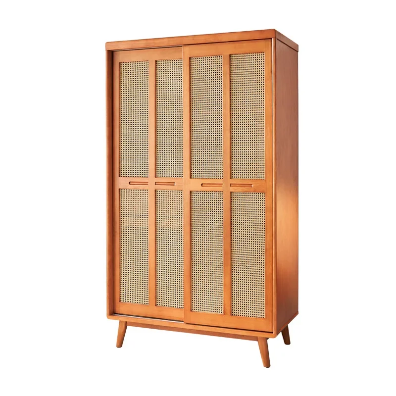 

New Chinese solid wood rattan wardrobe modern simple home bedroom double door locker
