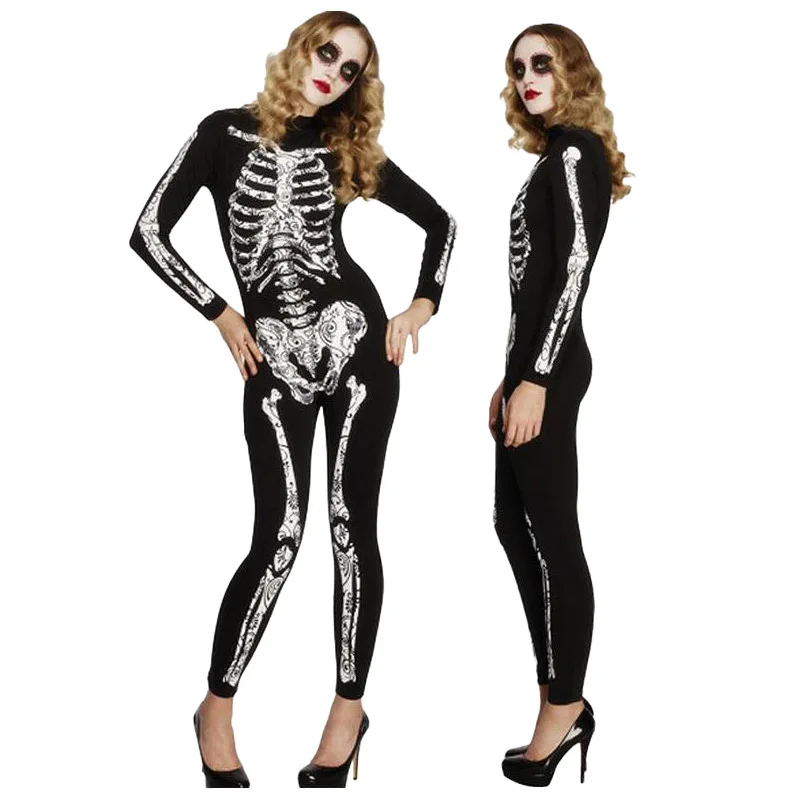 Halloween Skeleton Jumpsuit Cosplay Costume Women Carnival Party Scary Print Skull Zombie Ghost Bodysuit Role Playing