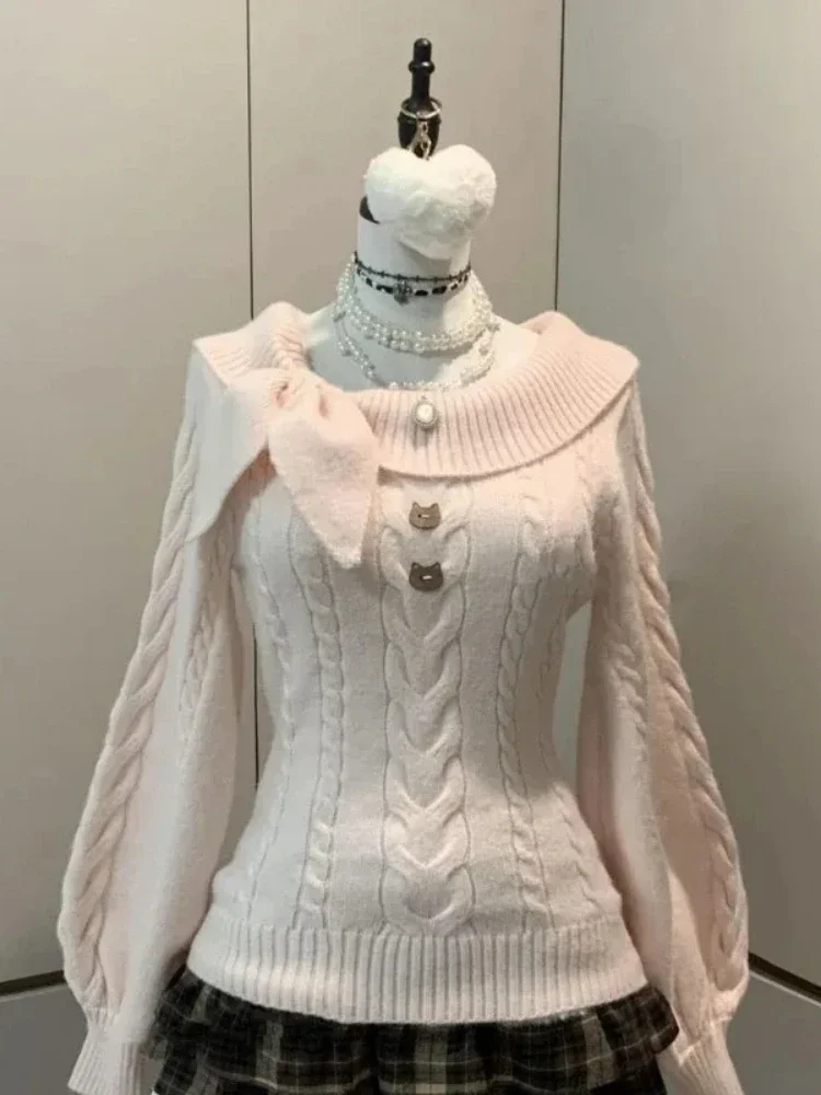 Women Sweet Hot Girl Bow Off-Shoulder Sweater Autumn Winter Elegant Sexy Fashion Knitted Tops Casual Y2k Knitwear Pullover New