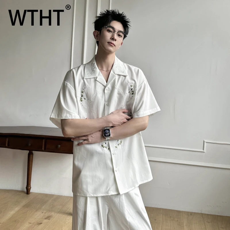 

WTHT Fashion Men's Flower Embroidery Loose Design Shirts Trendy 2026 Summer Turn Down Collar Casual Tops Male 2A2847