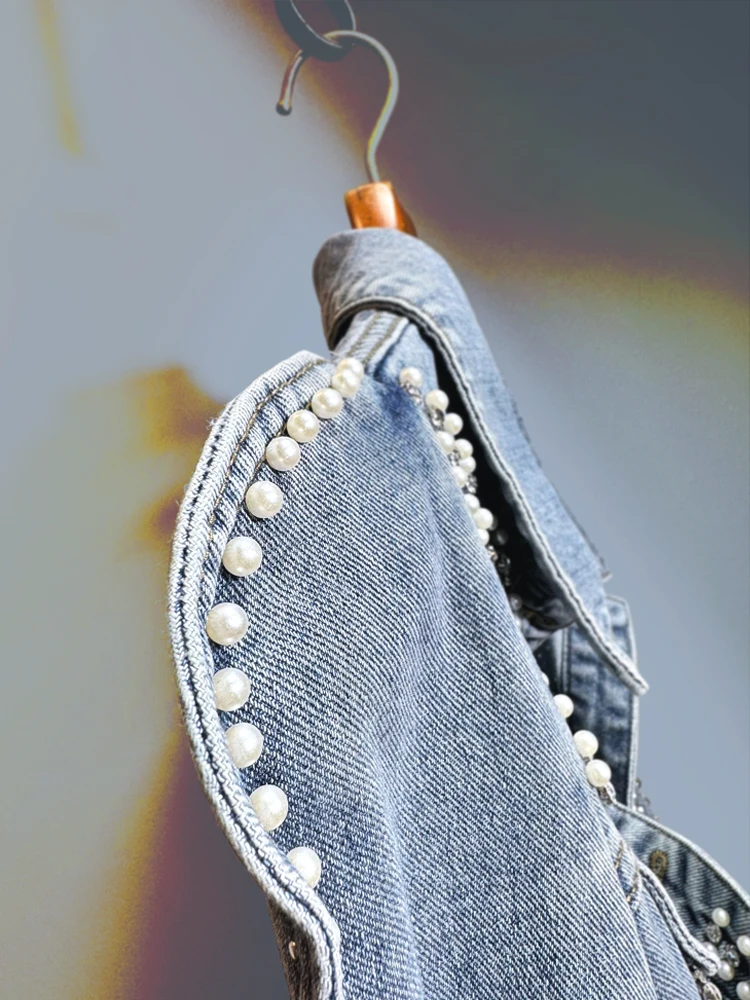 春の女性の不規則なシングルブレストパフスリーブストリートパールビーズダイヤモンドライトブルーショートデニムジャケット