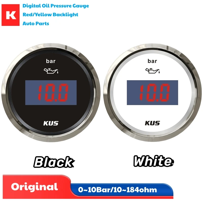 KUS 52mm Digital Oil Pressure Gauges 10-184ohm Input Signal 0-10Bar Display Oil Pressure Meters with Yellow or Red Backlight