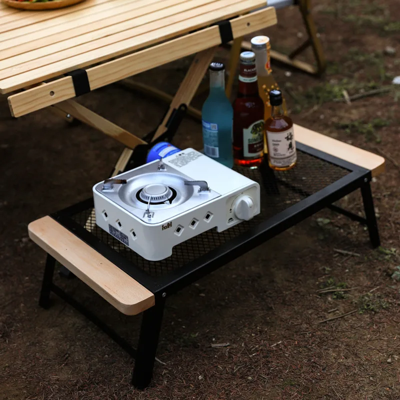 Outdoor camping folding table portable solid wood egg roll iron mesh picnic table and chair set simple anti-ironing table