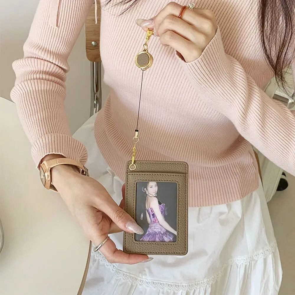 New PU Card Holder Transparent Window Retractable Work Badge Holder Student Card Sleeve Student