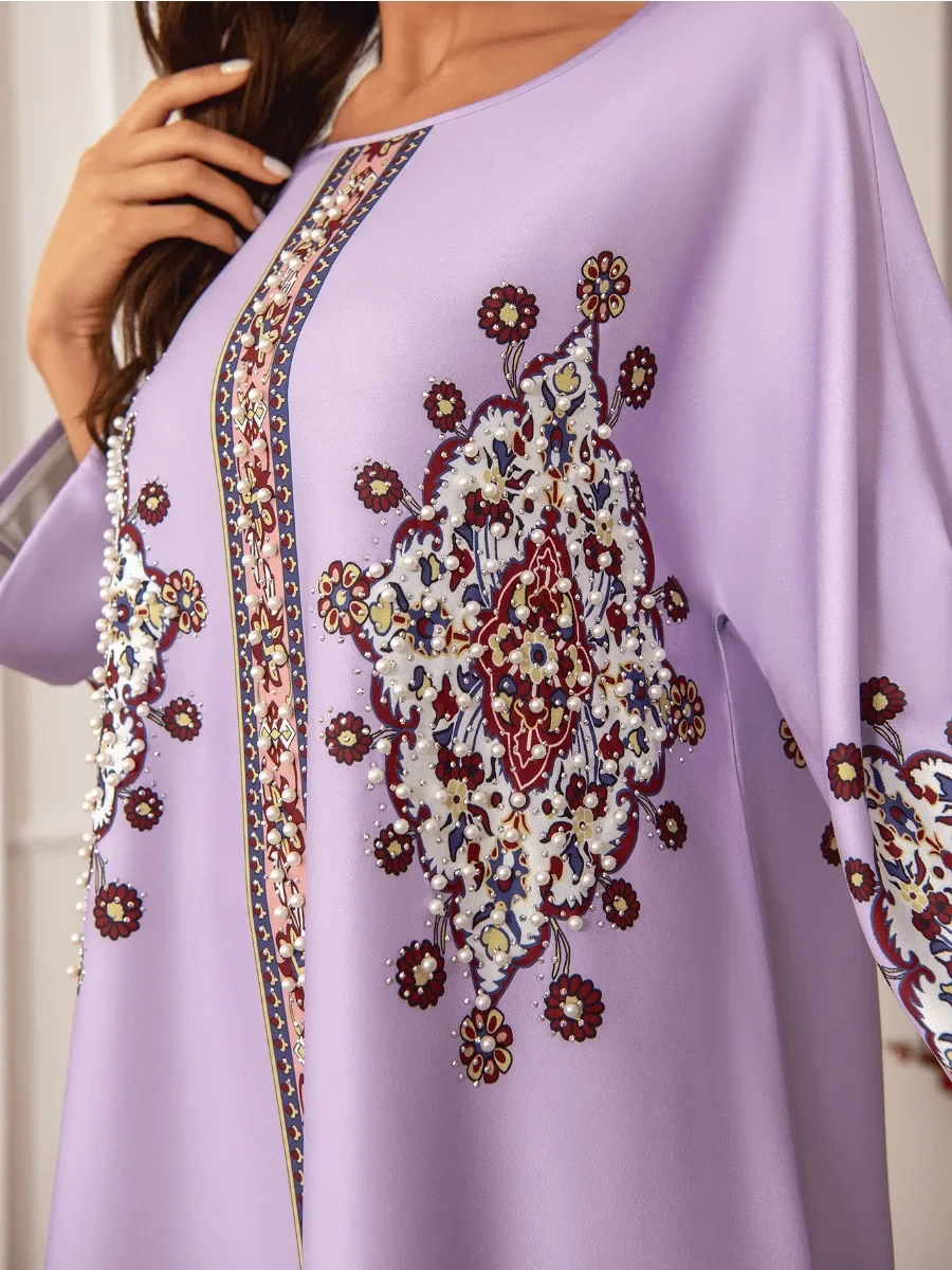 Eid Beading Muslim Party Dress Women Ramadan Abaya Long Dresses Print Morocco Kaftan Vestidos Largos Dubai Robe Jalabiya 2024