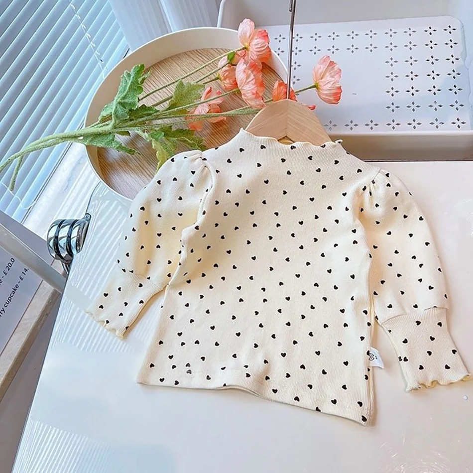 Spring-Autumn Fashion Baby Girls Long Sleeve T-Shirt with Heart Print Children Kids Puff Sleeves Casual Clothes for Daily Wear