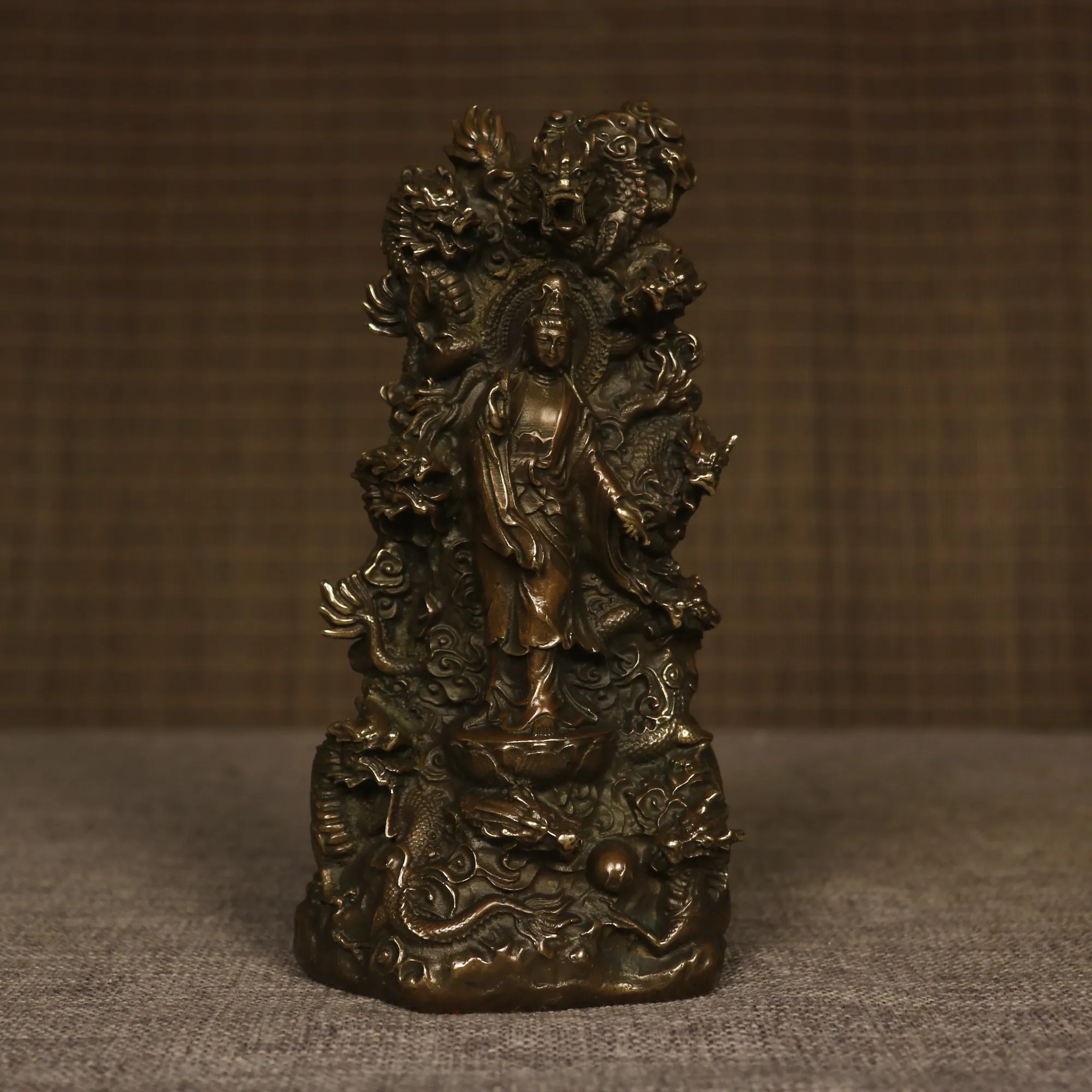 8 "coleção de templo tibetano antigo bronze cinábrio nove dragão backlight protetor guanyin buda nicho budista salão de adoração