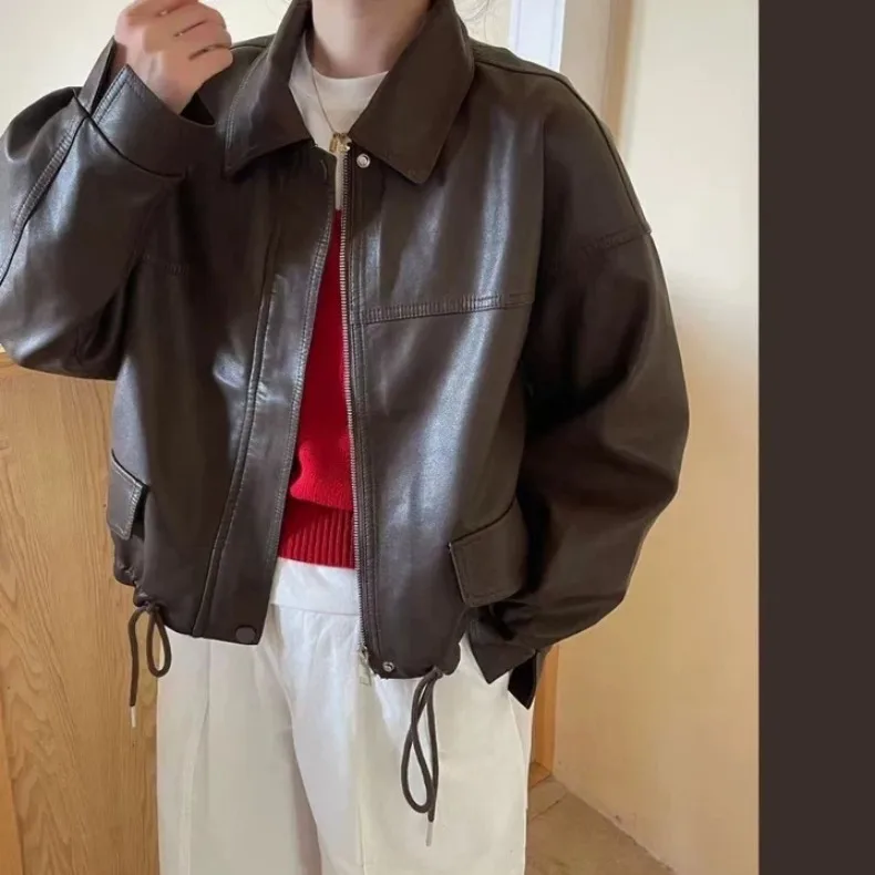 Women's Leather Jaet 2025 Autumn New Korean Version Chic ort Loose Top 4 Colors Commute Sle Long Sve Other Material