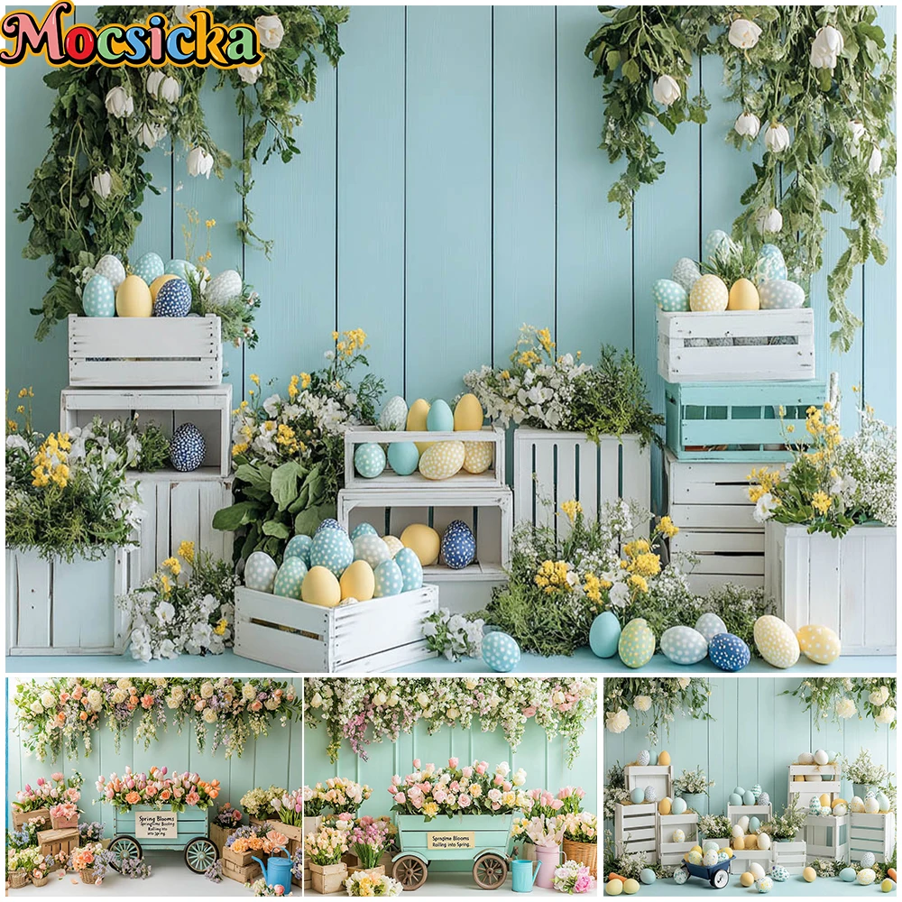 Mocsicka Spring Background Photography Carrot Flower Blue Green Wood Board Wall Party Decor Birthday Easter Egg Backdrop Studio