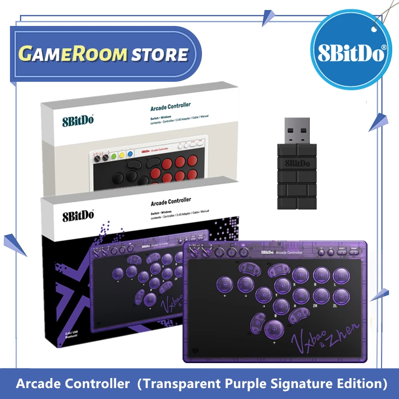 Controle Arcade 8BitDo Transparent Purple Signature Edition, projetado para profissionais, compatível com Switch e Windows. 2.4G/Bluetooth.