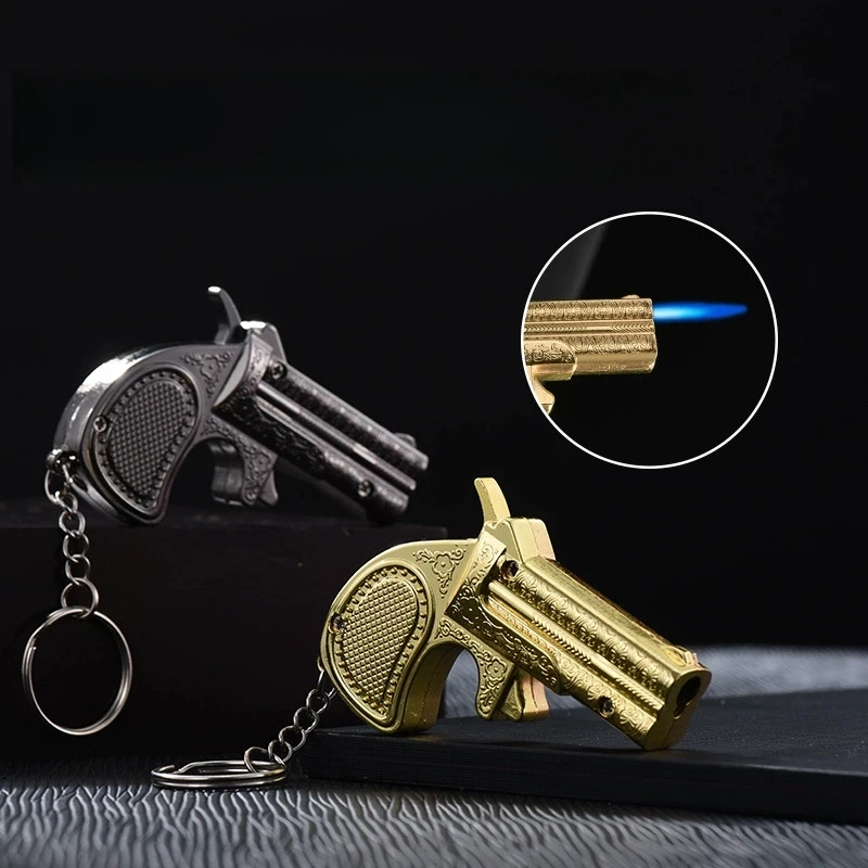 

Metal Mini Gun Keychain Lighter Windproof Spray Red Flame Butane Gas Inflatable Outdoor Portable Lighter Personalized Men's Gift