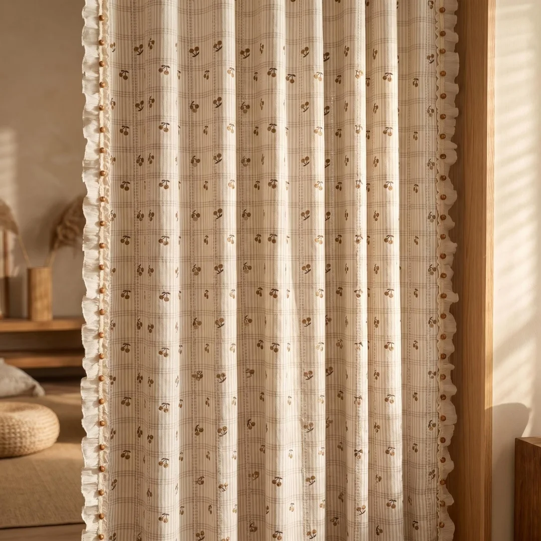 French pastoral cherry floral plaid lace log buckle wood ear curtain cream wind bedroom floor curtain