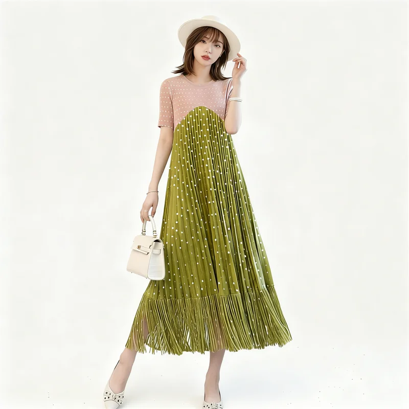 

Miyake Pleated Women's Casual Dress 2026 New Japanese Design Retro Polka Dot Print Round Neck Short Sleeve Elegant Tassel Skirt