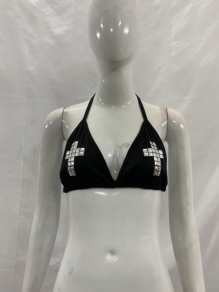 Retro 2000s female punk new beach swimsuit Gothic fashion hot brick print Grunge swimsuit bikini Y2K swimsuit tie emo girl spicy