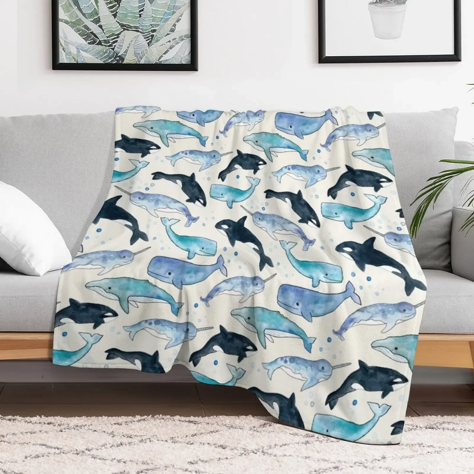 Whales, Orcas & Narwhals Throw Blanket Easy Care Comfortable Blanket for Couch