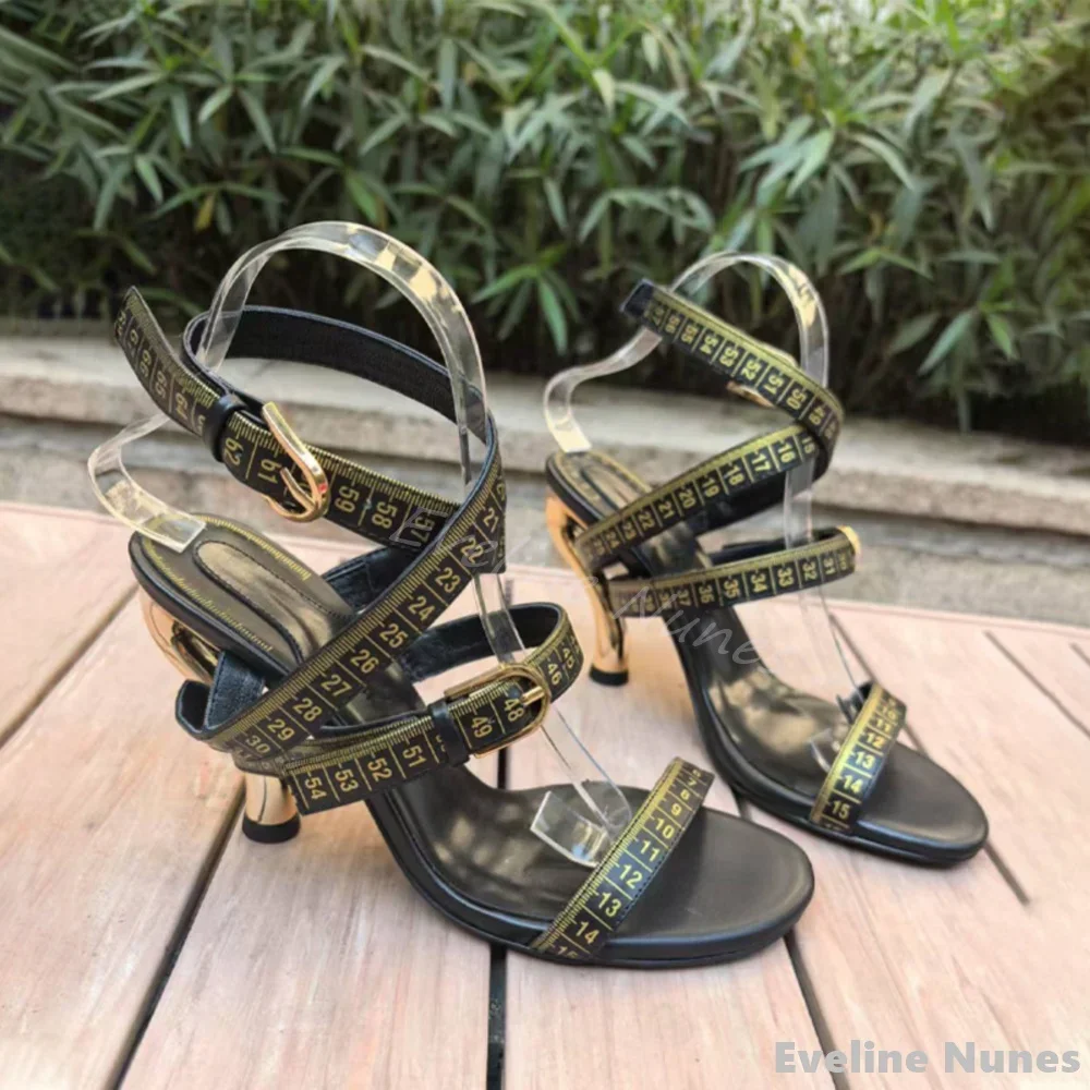 

Retro Bronze Measure Tape Cross Strap Sandals Women Open Toe Strange Style Catwalk Sandals 2025 Summer Unique Design High Heels
