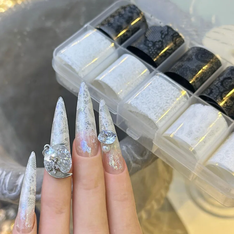 10 rollos de calcomanías de encaje blanco y negro para transferencia, calcomanías de uñas sexys, envolturas completas, decoración francesa DIY 3
