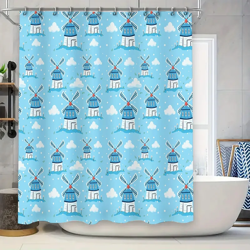 

Голландская занавеска для душа с ветряной мельницей, винтажная фермерская синяя цветочная занавеска для ванной комнаты, набор водонепроницаемой ткани