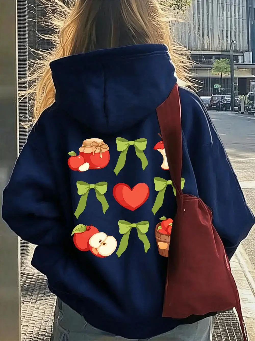 Apple Theme Jam Jar Heart Green Bows Pattern Women Hoodie Soft Fleece Streetwear Autumn Casual Pullovers Sport Y2K Hoodies