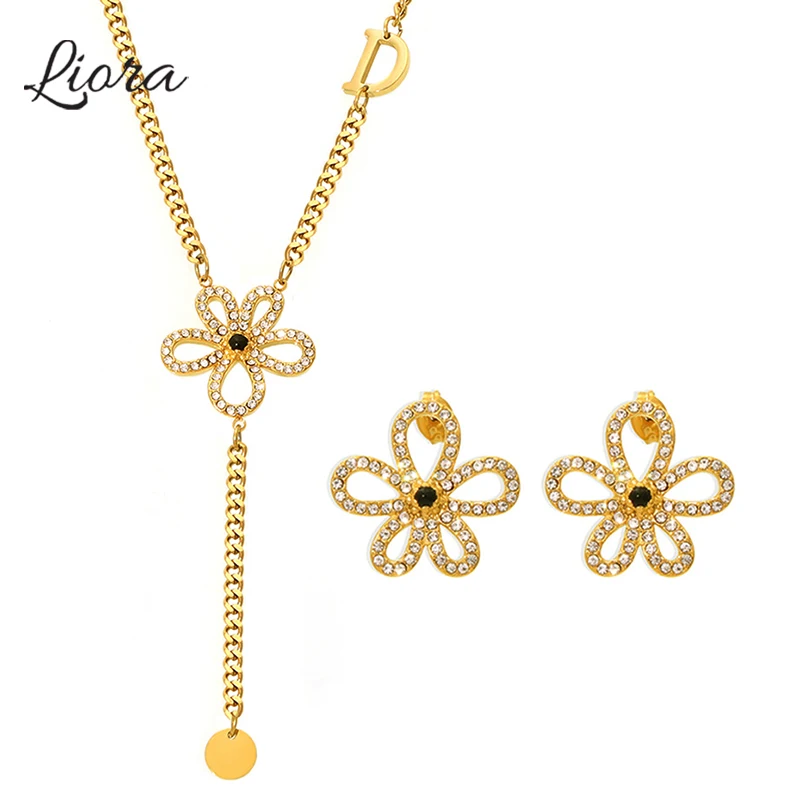 Liora exquisito colgante de flor de circón cúbico de acero inoxidable cadena cubana collar pendientes para mujer conjuntos de joyería chapada en oro