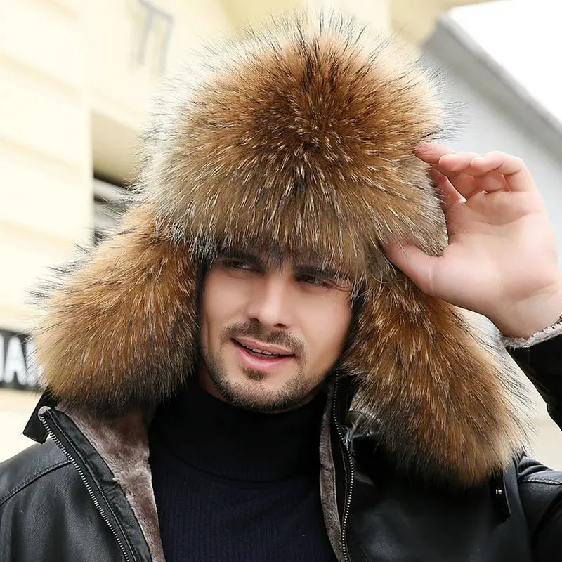 ZDFURS*Winter Men's 100% Real Silver Fox Fur Bomber Hat Raccoon Fur Ushanka Cap Trapper Russian Man Ski Hats Caps Real Leather