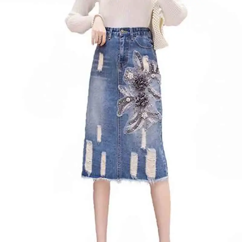 Women's Wear In The Long Hole Embroidery Fashion Denim Autumn New High Waisted Large Size A-line Bag Hip Wome