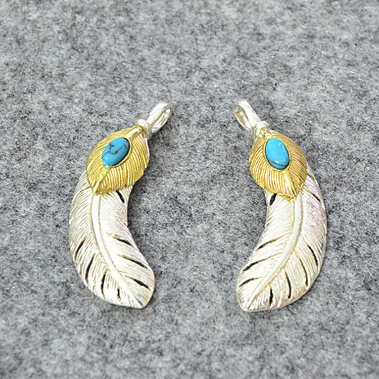 

925 Sterling Silver Feather Bracelet Pendant Blue Turquoise Feather Necklace Set Accessory Pendant