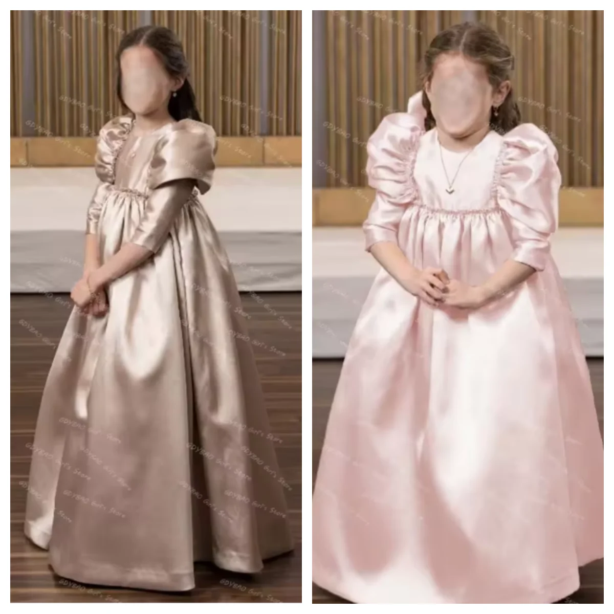Vestido de novia de niña de flores color champán, vestido de princesa acampanado, vestido de comunión plisado de satén, vestido de fiesta personalizado para niños
