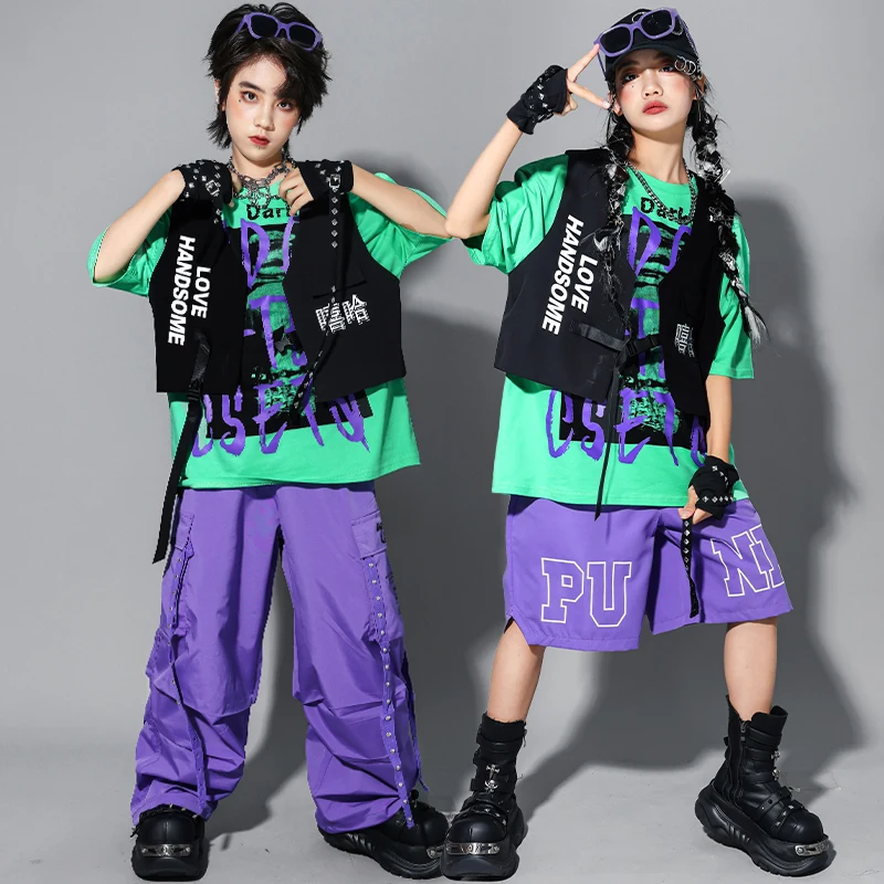 Camiseta K-pop para niños, chaleco, pantalones Cargo, pantalones cortos de Hip Hop para niñas, disfraz, ropa de calle para niños, conjuntos de ropa de baile callejero de Jazz para niños