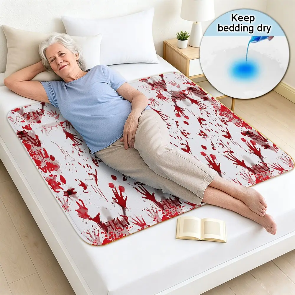 Washable&Reusable Care Urine Pad, Red Handprints And Blood Splatters On White Background, 2D FLAT Printing Incontinence Bed Pad
