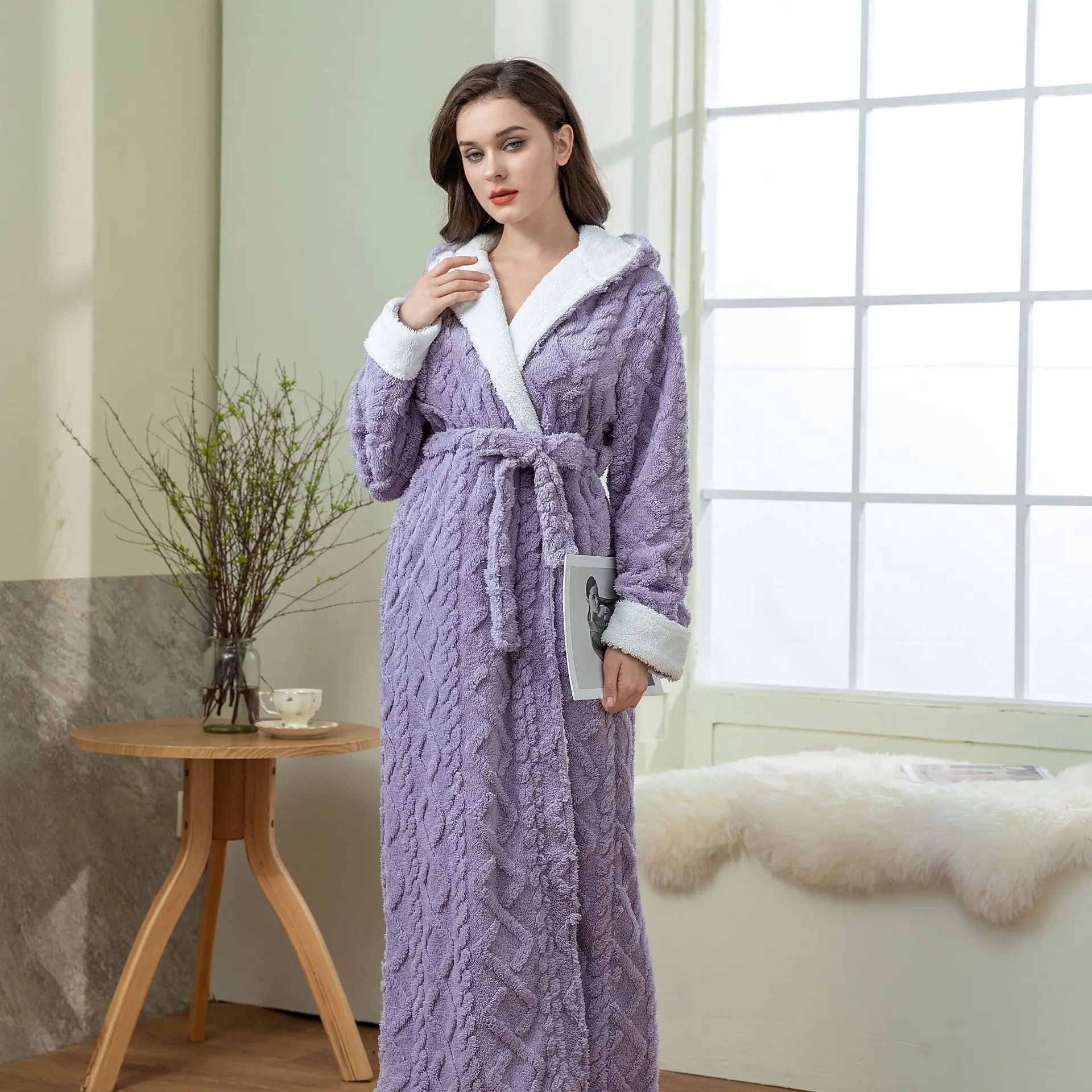 Autumn Winter Soft Sleepwear Extended Hooded Nightgown Women\'s Jacquard Flannel Pyjamas Thicker Warm Ladies Night Clothes