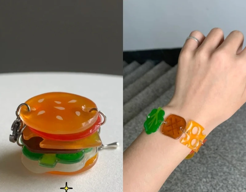 Foldable Acrylic Hamburger Bracelet High Quality Cute Fried Egg Lettuce Cartoon Funny Pendant Keychain Gift for Friends