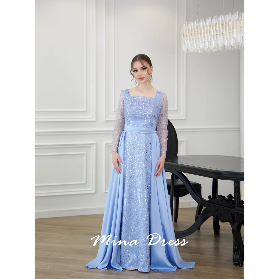 

Роскошные женские вечерние платья Mina с бусинами по индивидуальному заказу для официальных мероприятий и блестками. Элегантные платья с длинными рукавами и квадратным воротником