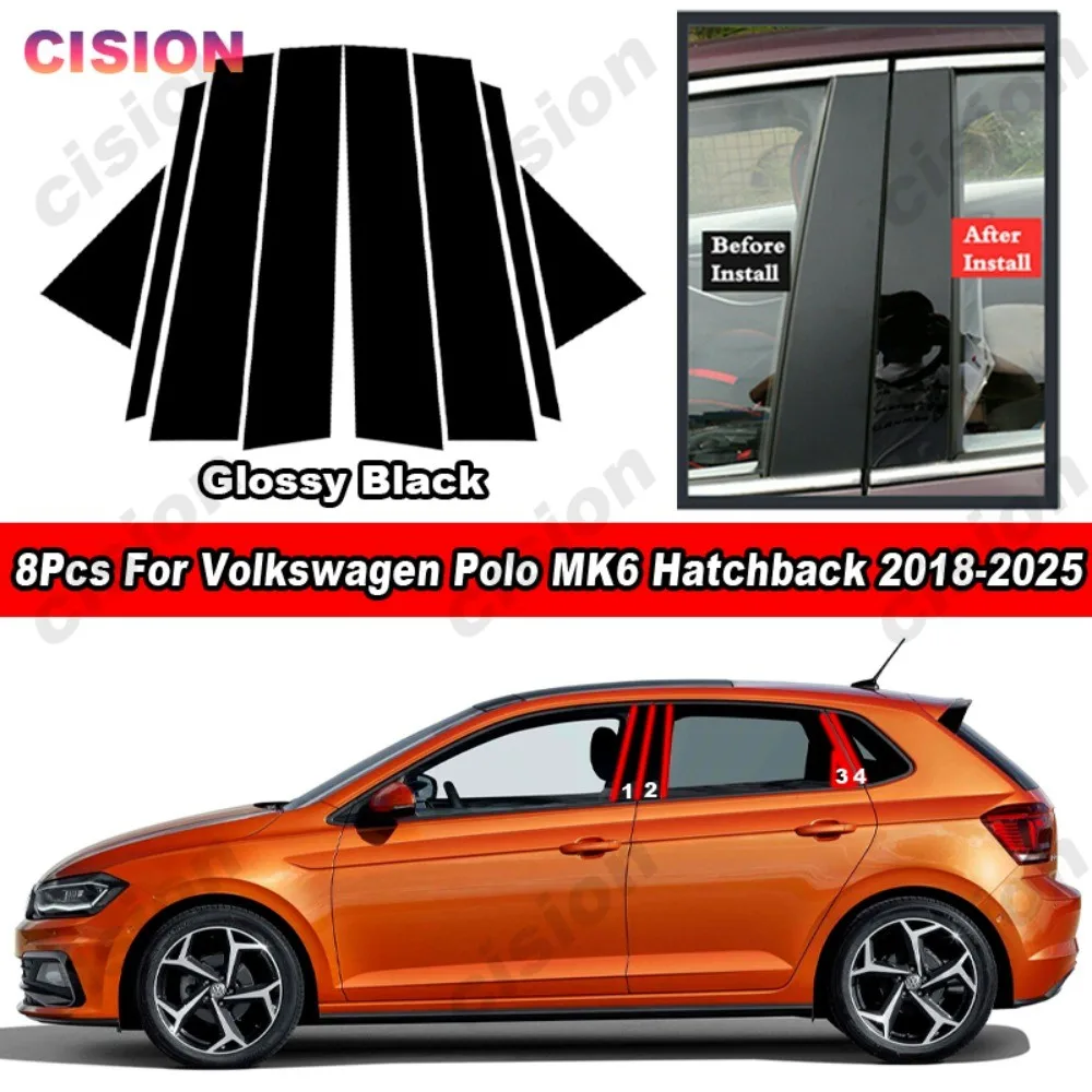8x piano brilhante preto porta do carro janela centro b c pilares pós capa guarnição coluna média adesivo para volkswagen polo mk6 hatchback