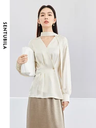 SENTUBILA Women Texture Satin Blouse   2024 Autumn Straight Chiffon V Neck Long Sleeve Folds Metal Button Shirt 141V53048