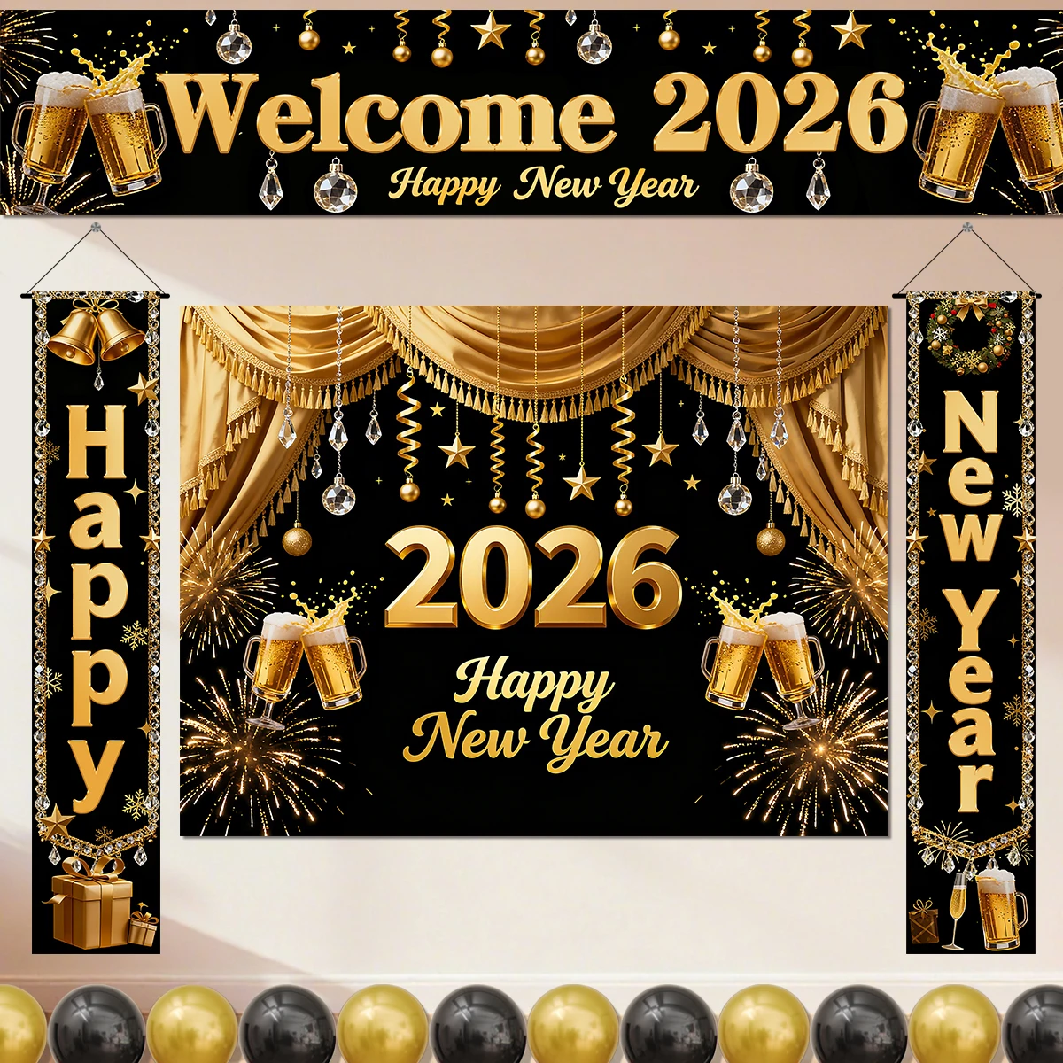 ترحيب 2026 سنة جديدة سعيدة ديكور حفلة إعداد الألعاب النارية البيرة الاحتفال ثلاثي الأبعاد زوجين معلقة القماش راية با