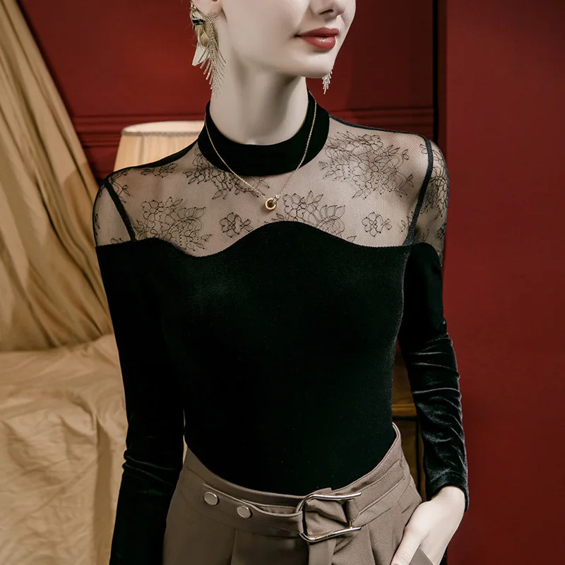#4317 Velvet Spliced Mesh Long Sleeve T Shirt Women Sexy Tight See Through Clothes Black Skinny Vintage Short Womens Tee Shirts