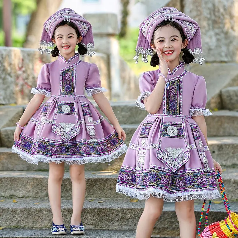 Guangxi Zhuang Zu Ethnic Clothing Children's Miao Zu Clothing Minority Girl Princess Lolita Dress Performance Clothing