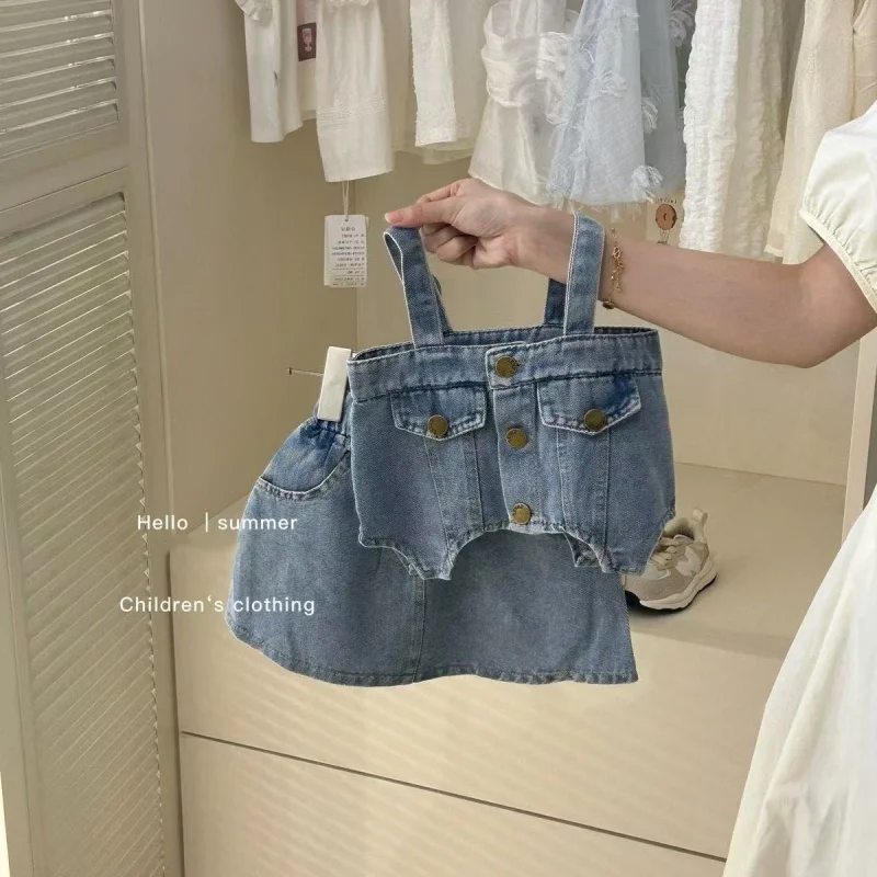Girls' Denim Suit 2025 New Children's Korean Version Vest And Short Skirt Two-piece Set for Girls' Baby Summer Casual Fashion