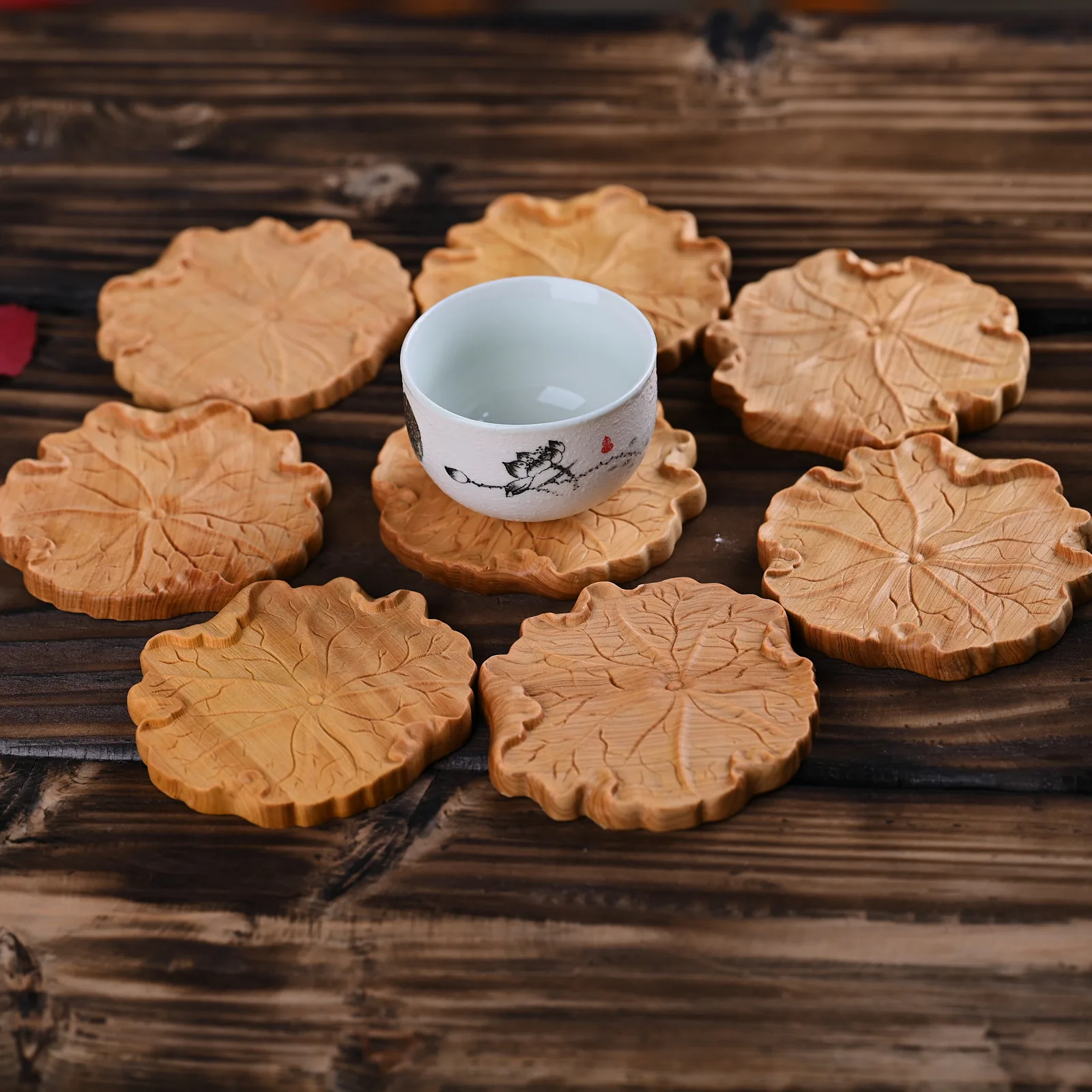 Mini Wooden Carved Lotus Leaf Statue Ornament Cushion Tea Cup Cushion Handicraft Personalized Wooden Gifts