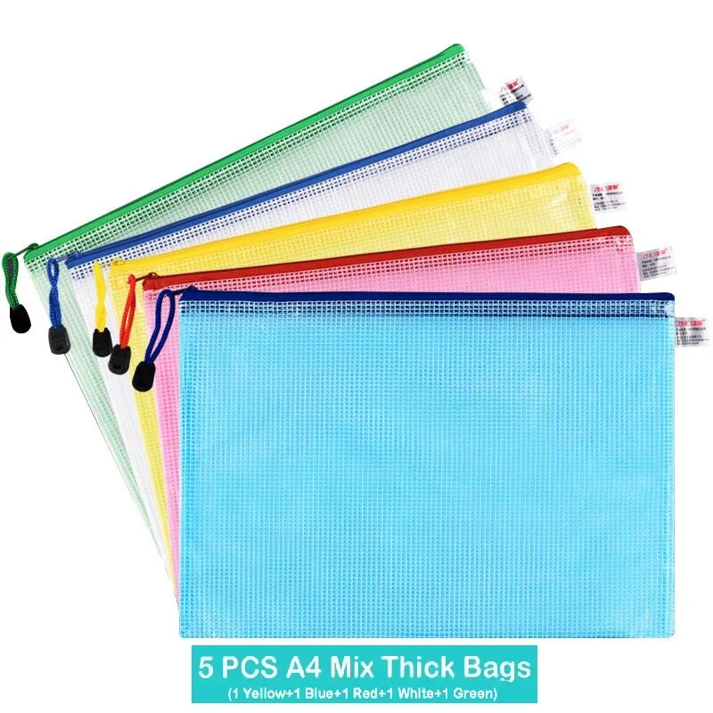 5pcs Mesh Zipper Pouch Document Bag Waterproof Zip File Folders A4 School Office Supplies Pencil Case Storage Bags