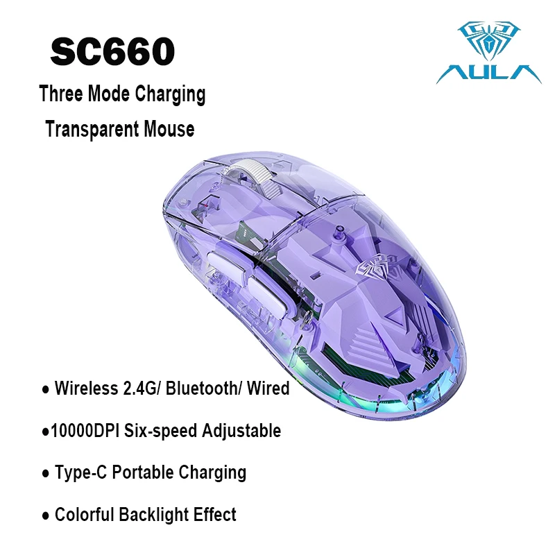 

AULA SC660 Transparent Wireless Bluetooth Mouse Three-mode Connection Charging Backlight Six-speed DPI Adjustment Lightweight