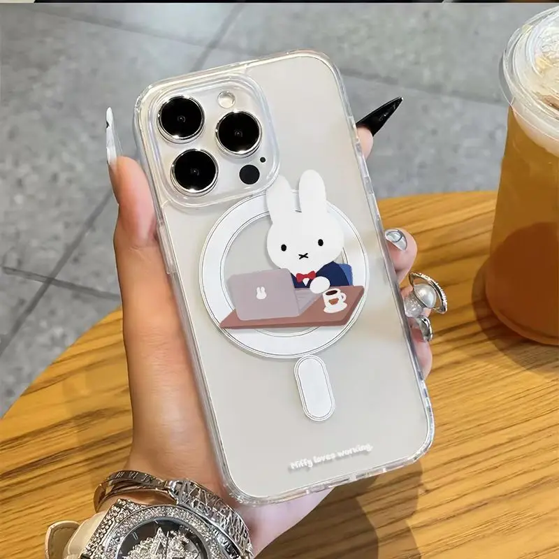 Transparent Magnetic Shell Go To Work Miffy Suitable for iPhone 17/16/14/13promax Mobile Phone Case Cute Cartoon Send To Friends
