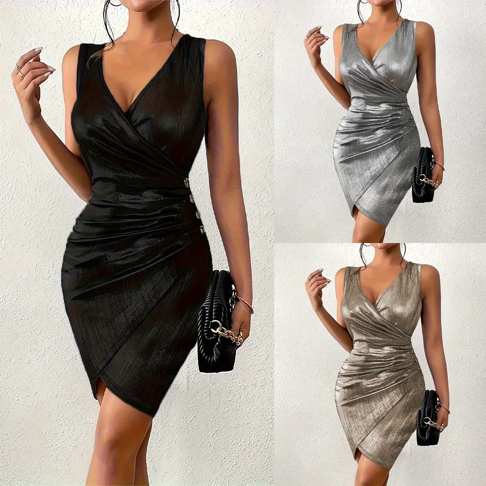 

Temperament Casual Dresses For Ladies Dress For Wedding Vestidos Elegant Sleeveless V-link Pleated Metal Sheet Slim Solid Color