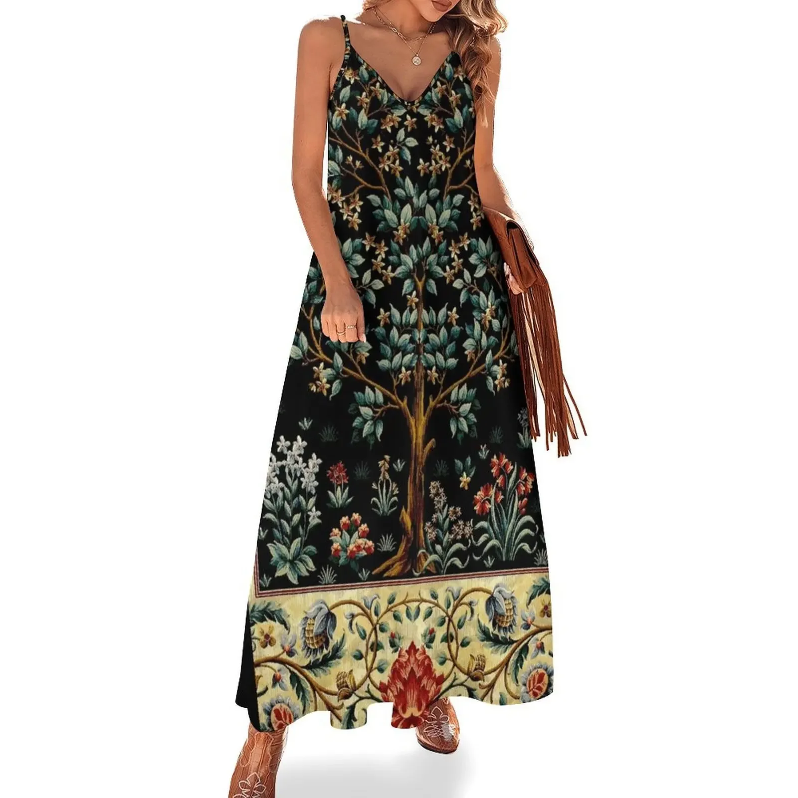

The Tree of Life Midnight Floral Tapestry Sleeveless Dress women evening dress women's elegant loose dresses Long dress