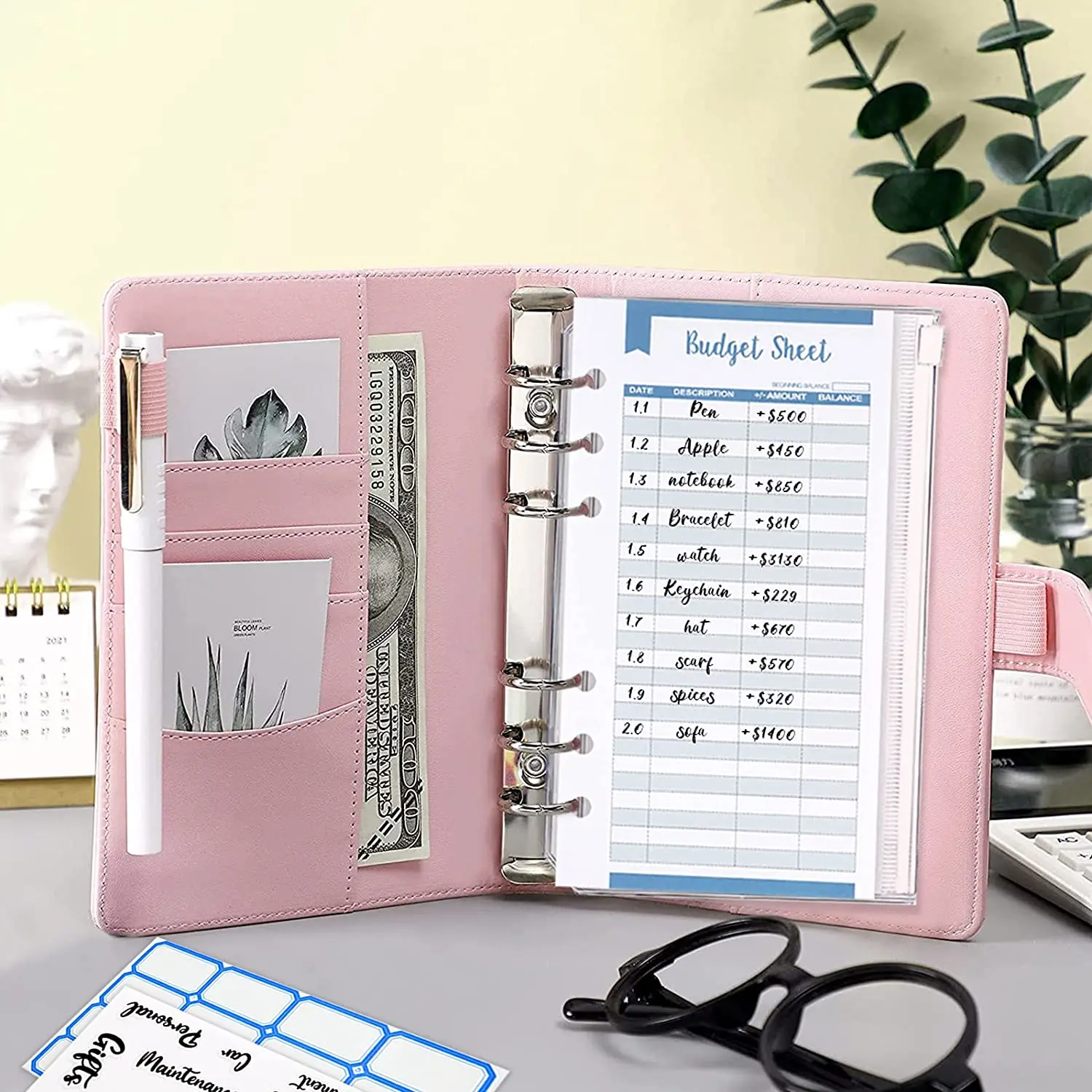 A6 PU Leather Notebook Binder Budget Planner, 8 Binder Pockets,Expense Budget Sheets,Sticker Label, Cash Envelopes for Budgeting