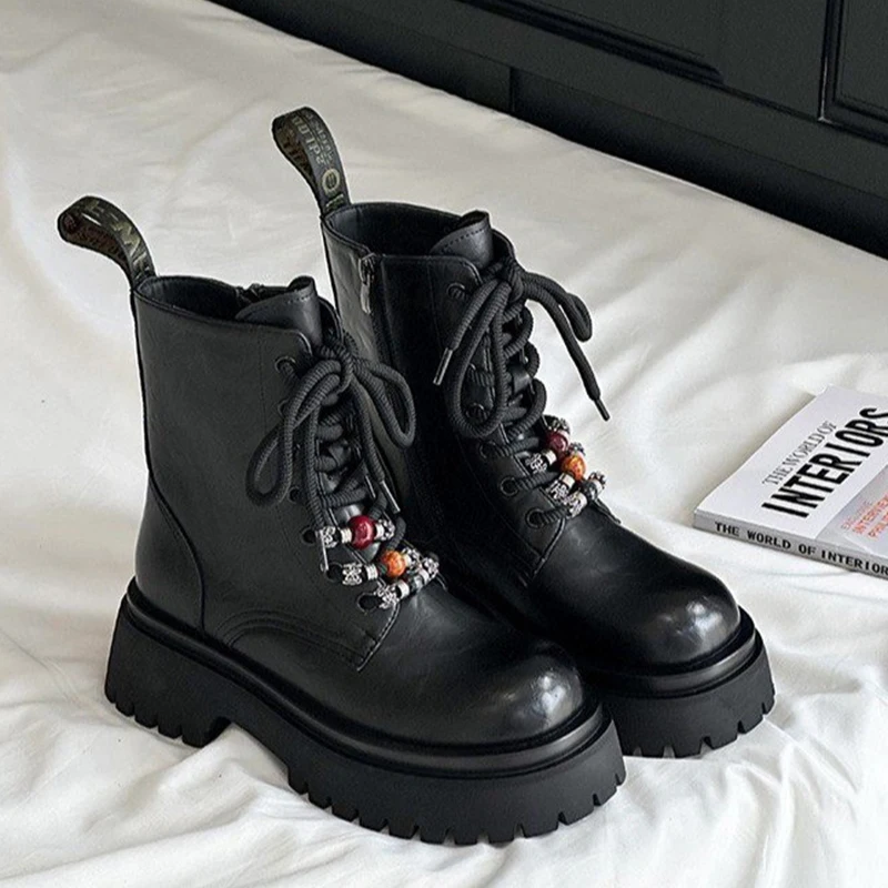 Kralen Flats Platform Vrouwen Enkellaarsjes Lace Up Lederen Schoenen Winter Merk Korte Laarzen Trend Sport Sneaker Chelsea Laarzen Mujer