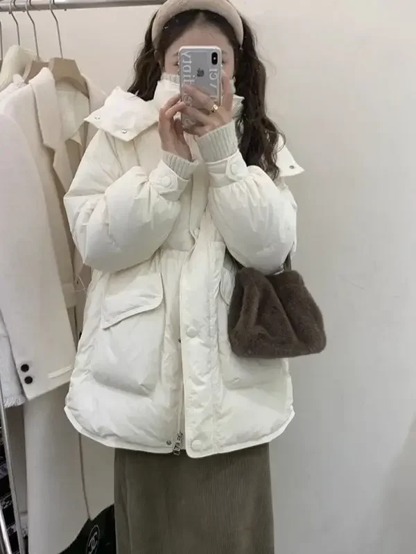Winter White Duck Down Women's Down Jacket Windproof Loose Commuting Hooded Jacket