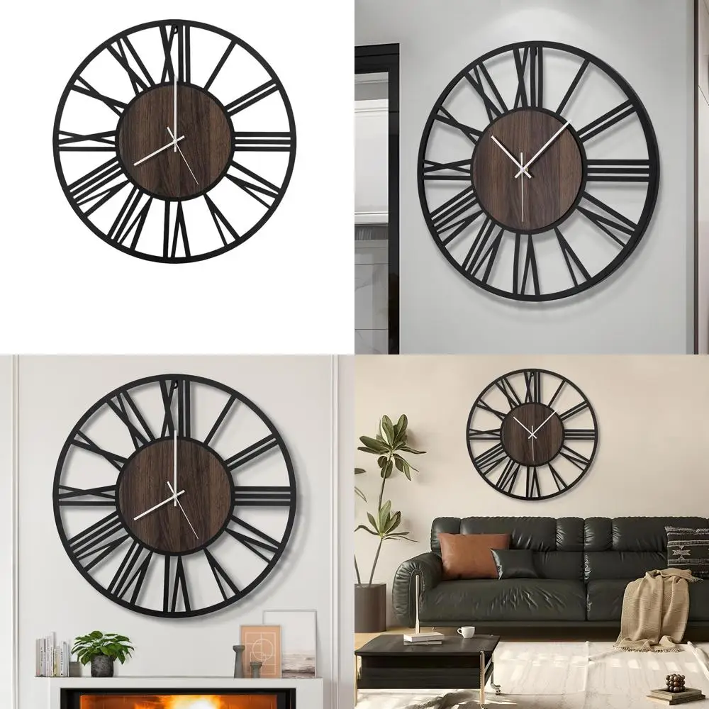 

Silent, Battery-Powered Oversized Vintage Round Wall Clock - 24 Inch Black Roman Numerals for Living Room, Bedroom, Office